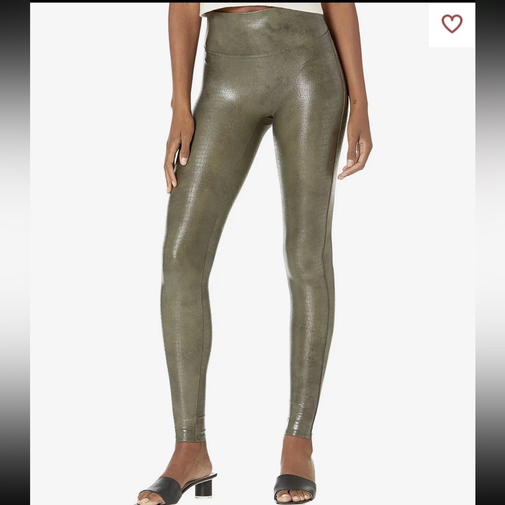 SPANX Metallic Olive Faux Leather Croc Green Leggings,SP